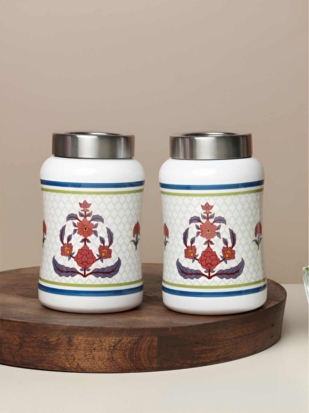 

dudki White and Green 2 Pieces Stainless Steel Dishwasher Safe Canisters