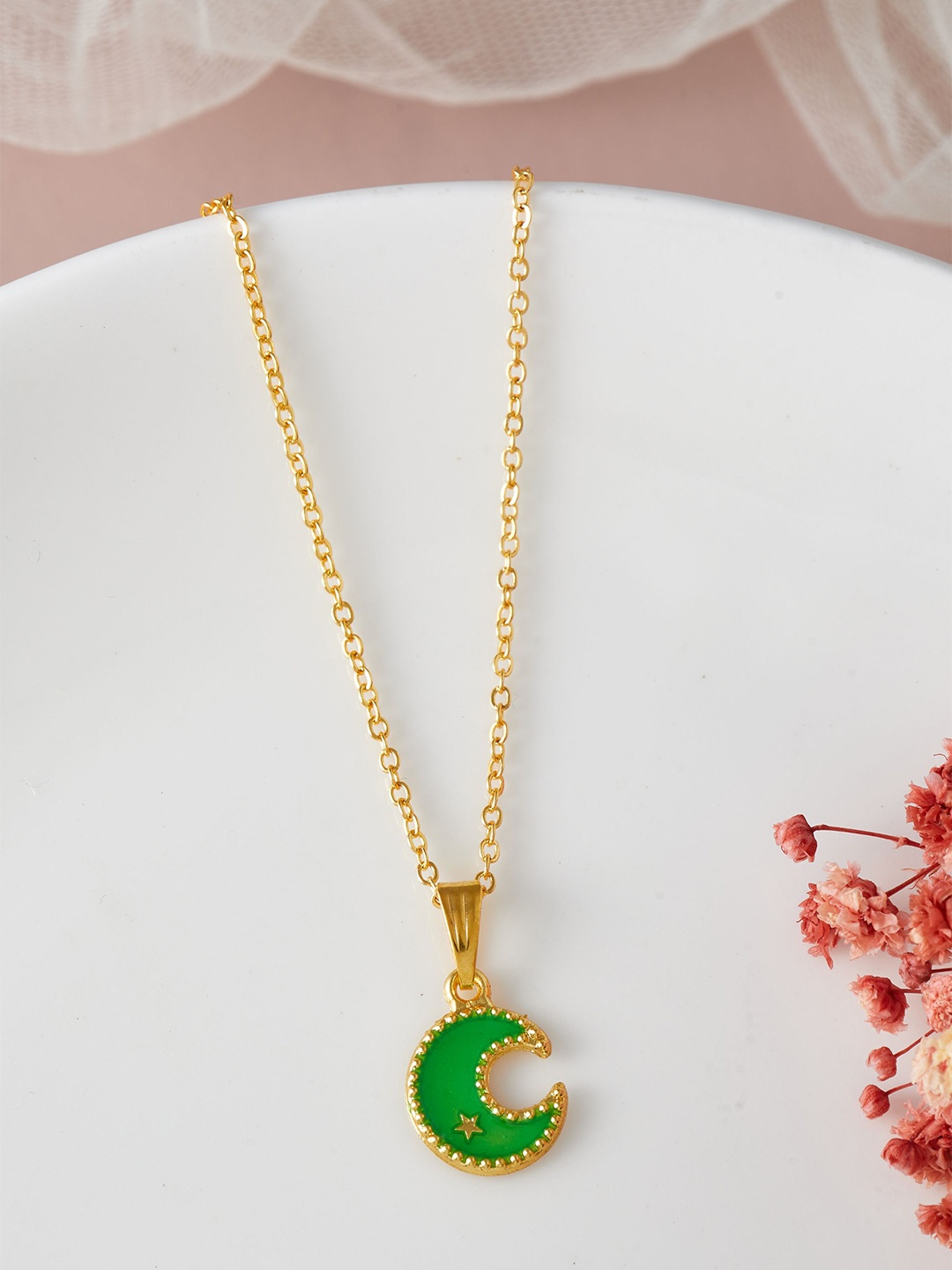 

DressBerry Gold-Toned & Green Gold-Plated Crescent Shaped Enamelled Pendant with Chain