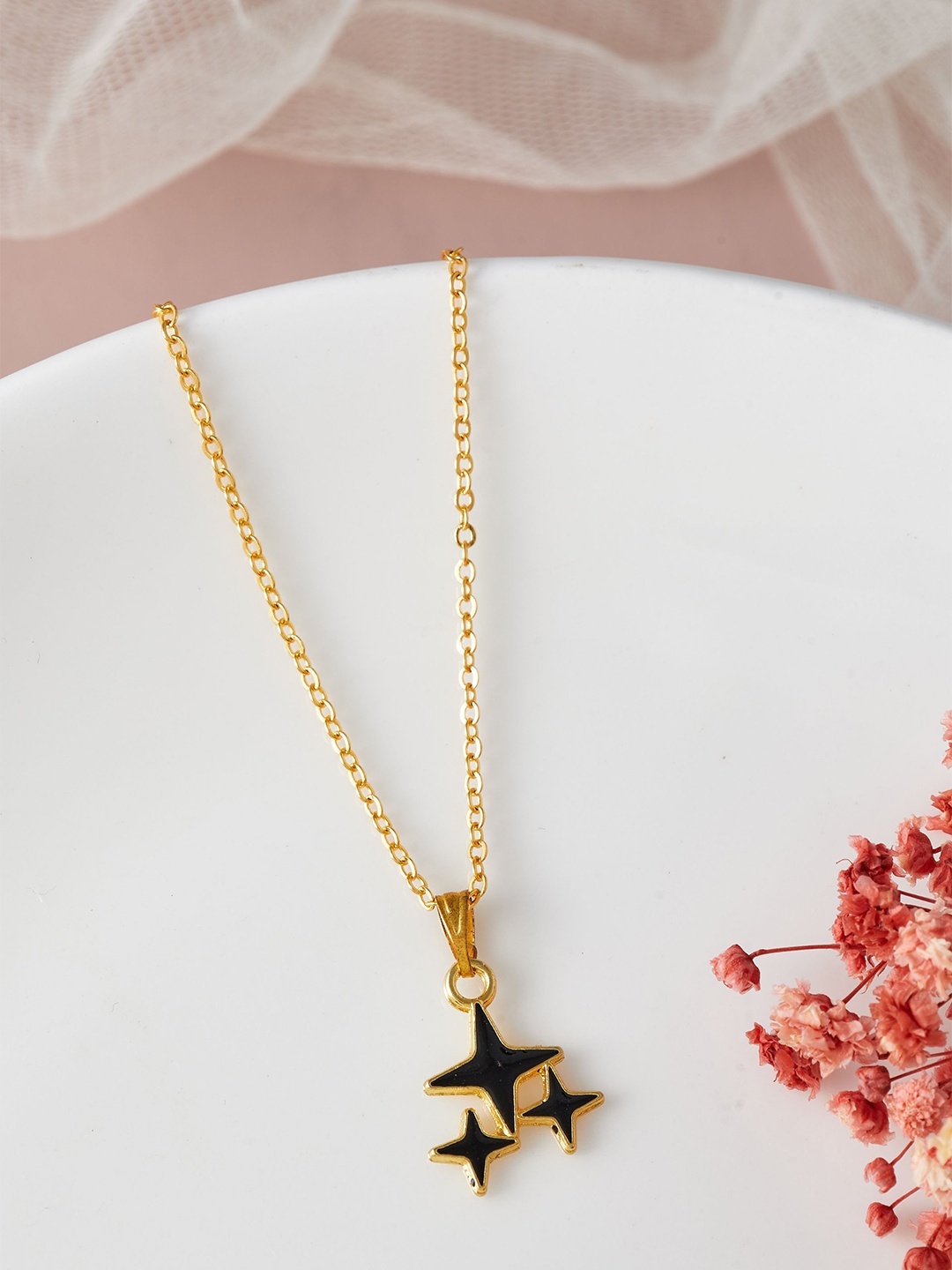 

DressBerry Back Gold Plated 3 Star Shape Enamelled Pendant with Chain