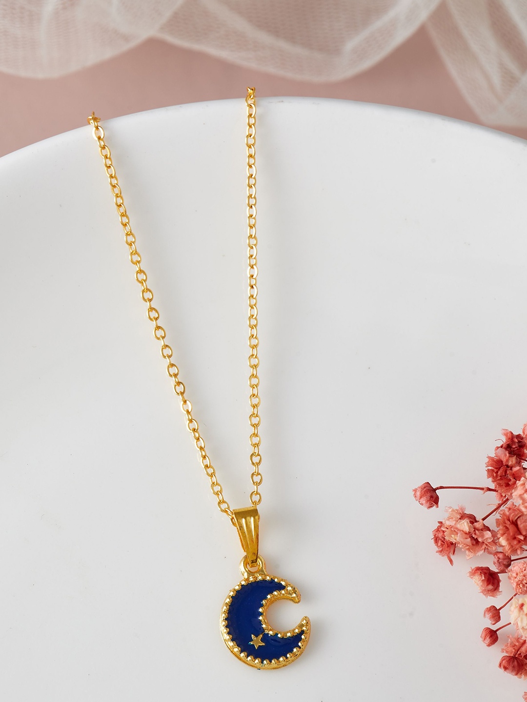 

DressBerry Gold-Toned & Navy Blue Gold-Plated Crescent Shaped Enamelled Pendant with Chain