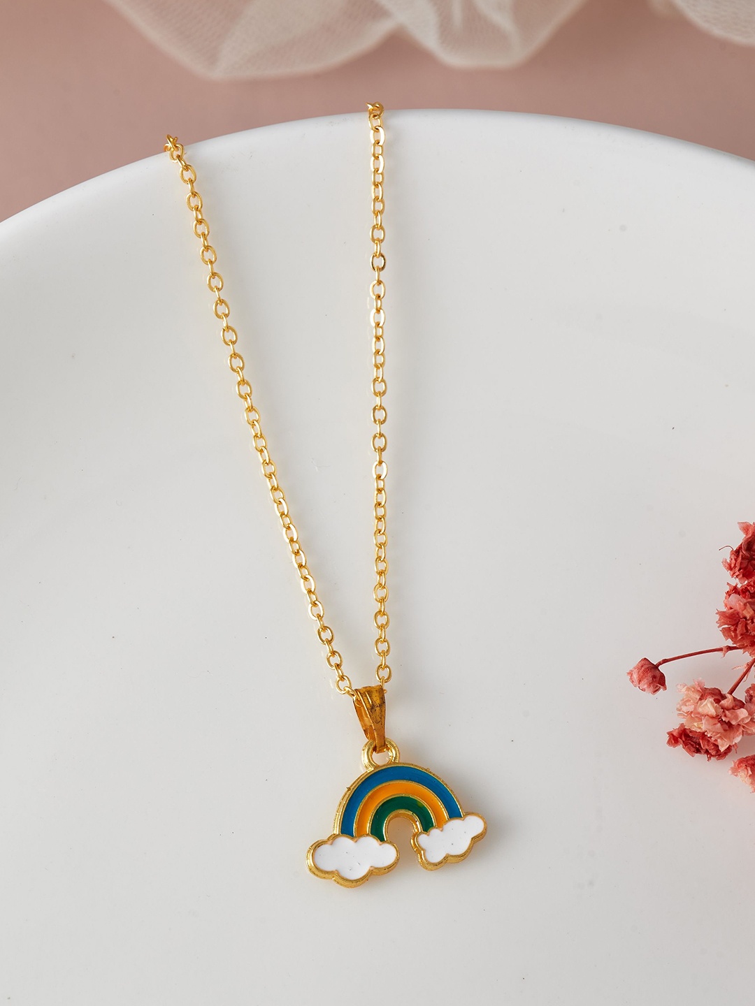 

DressBerry Gold-Toned & Blue Gold-Plated Rainbow Shaped Enamelled Pendant with Chain