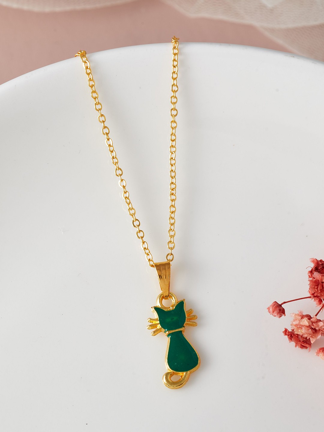 

DressBerry Green Gold-Plated Cat Shape Enamelled Pendant with Chain