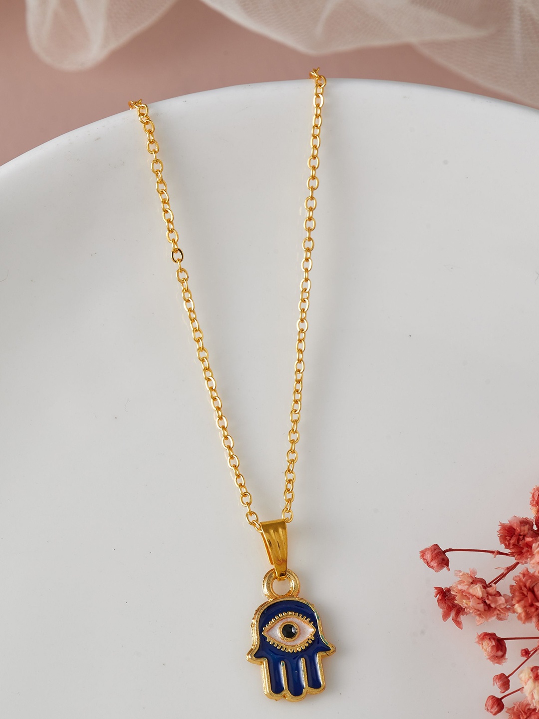 

DressBerry Navy Blue Gold Plated Panja Shaped Enamelled Pendant with Chain