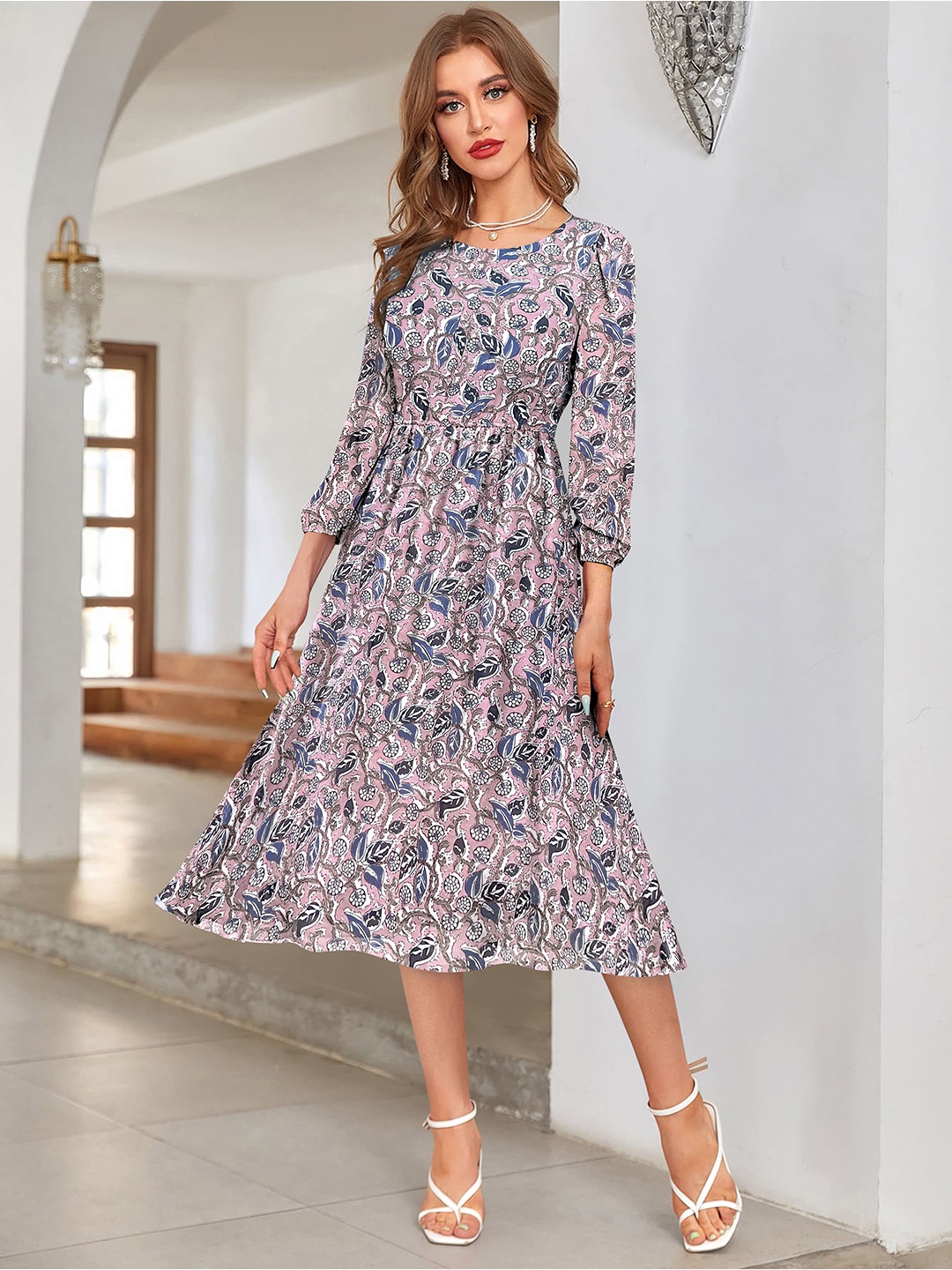 

KERI PERRY Floral Printed Round Neck Sleeve Fit & Flare Multi Midi Dress, Pink