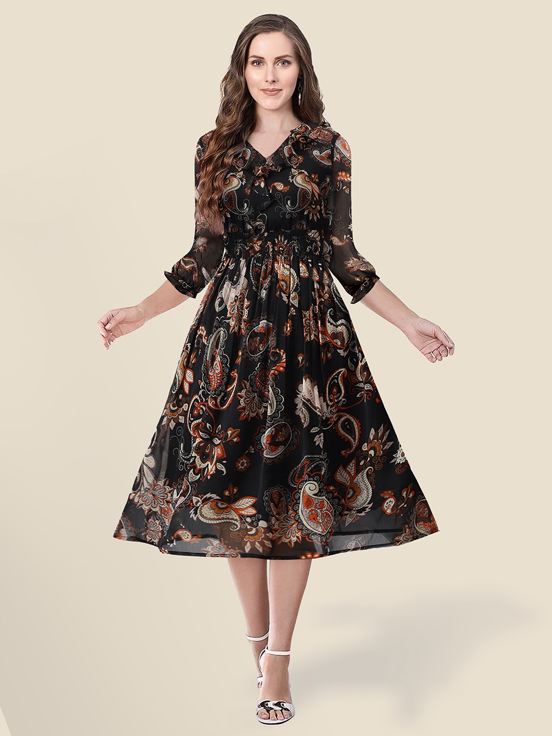 

KERI PERRY Floral Printed Round Neck Sleeve Fit & Flare Midi Dress, Black