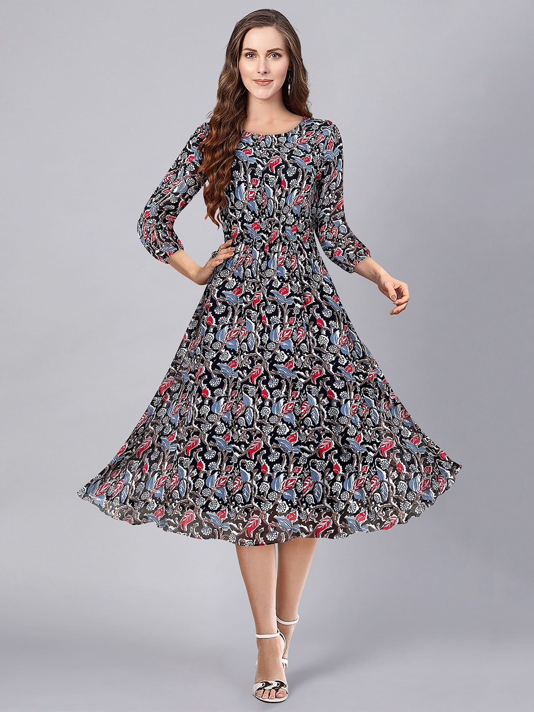 

KERI PERRY Floral Printed Round Neck Sleeve Fit & Flare Midi Dress, Black
