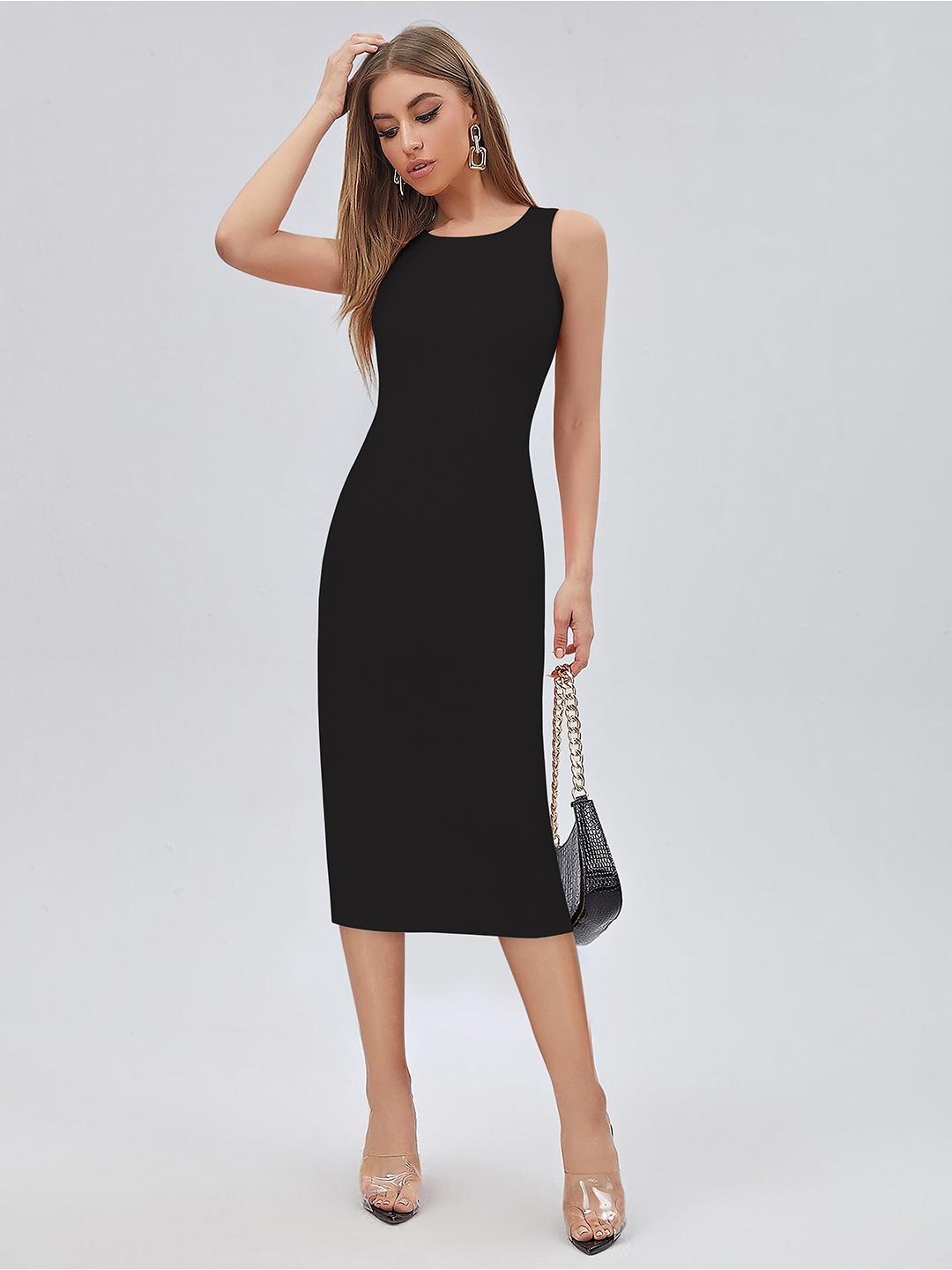 

KERI PERRY Plain Straight Fit Partywear Bodycon Midi Dress, Black