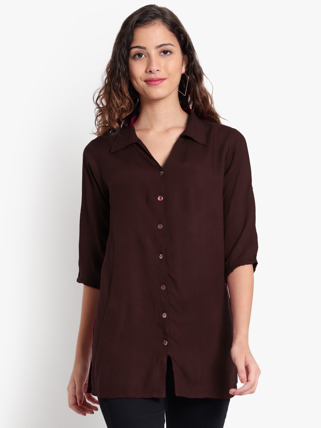 

Indietoga Spread Collar Roll-Up Sleeves Classic Opaque Casual Shirt, Brown