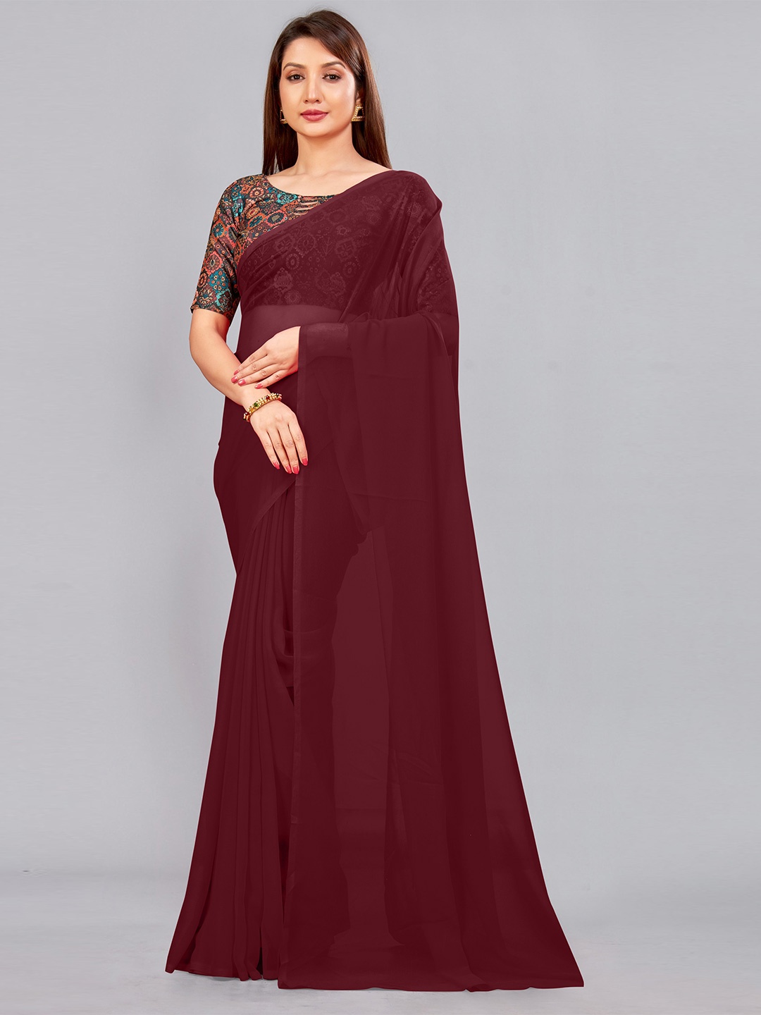 

CastilloFab Embroidered Pure Georgette Saree, Maroon