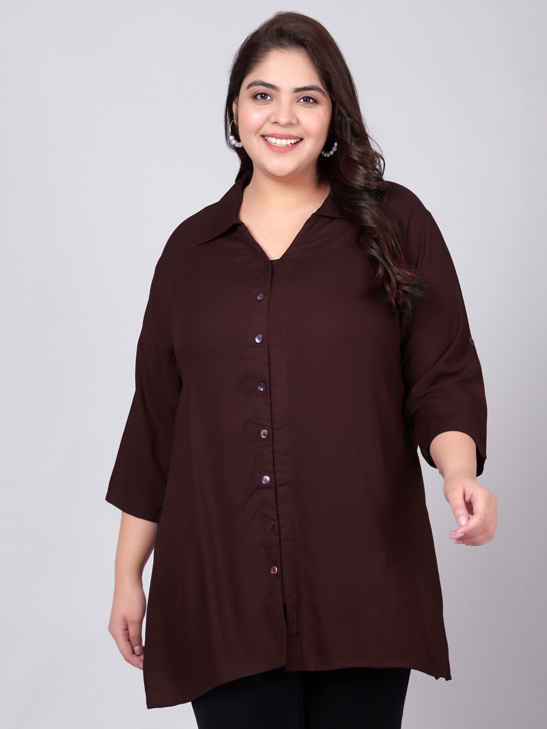 

Indietoga Plus Size Solid Regular Fit Longline Casual Shirt, Brown