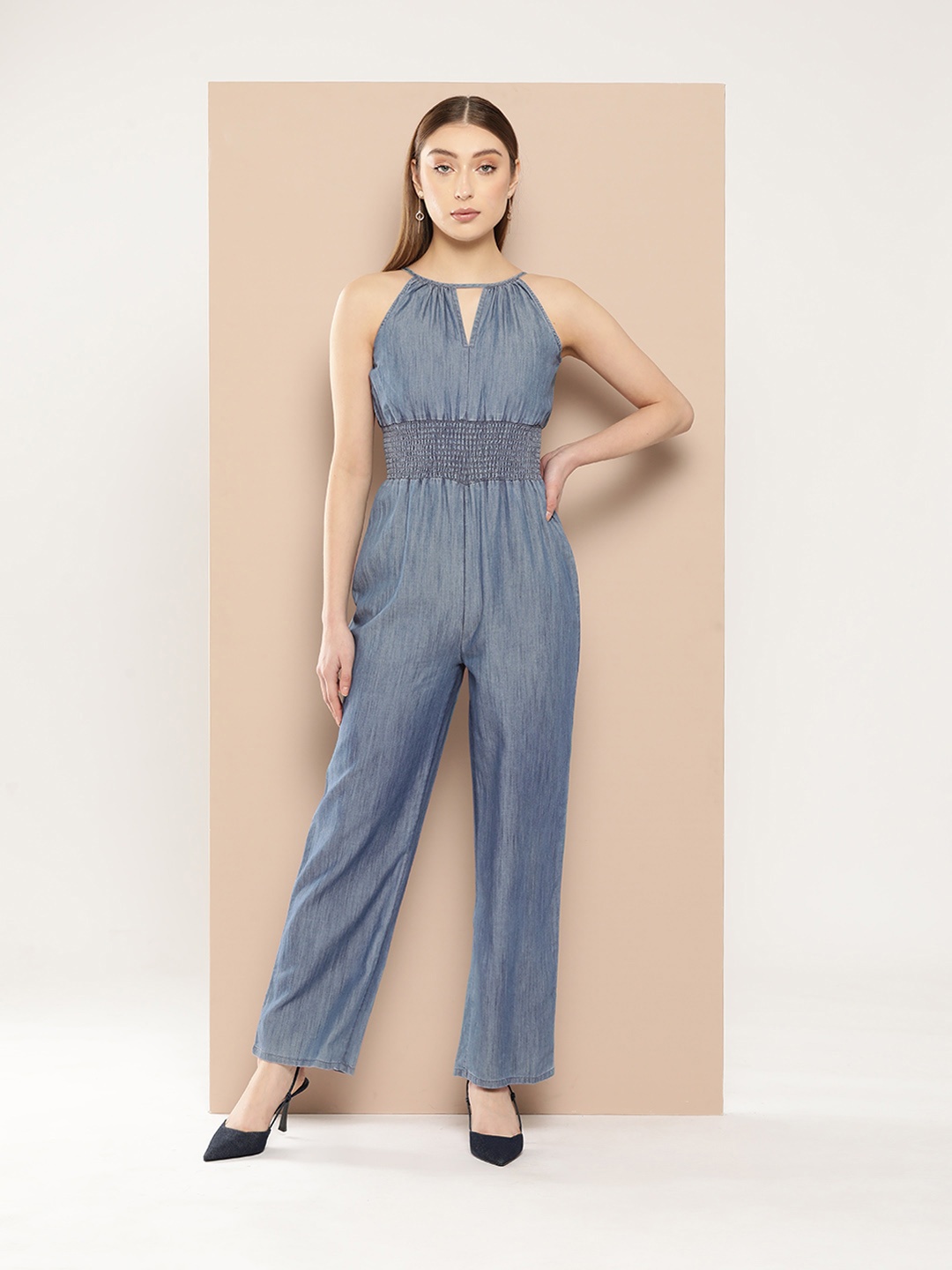 

Chemistry Halter Neck Pure Cotton Basic Jumpsuit, Blue