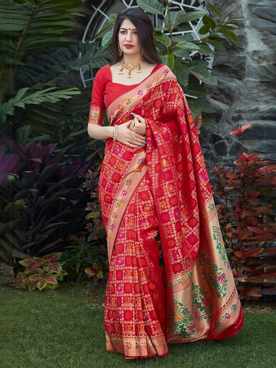 

KALINI Red Silk Blend Designer Banarasi Saree