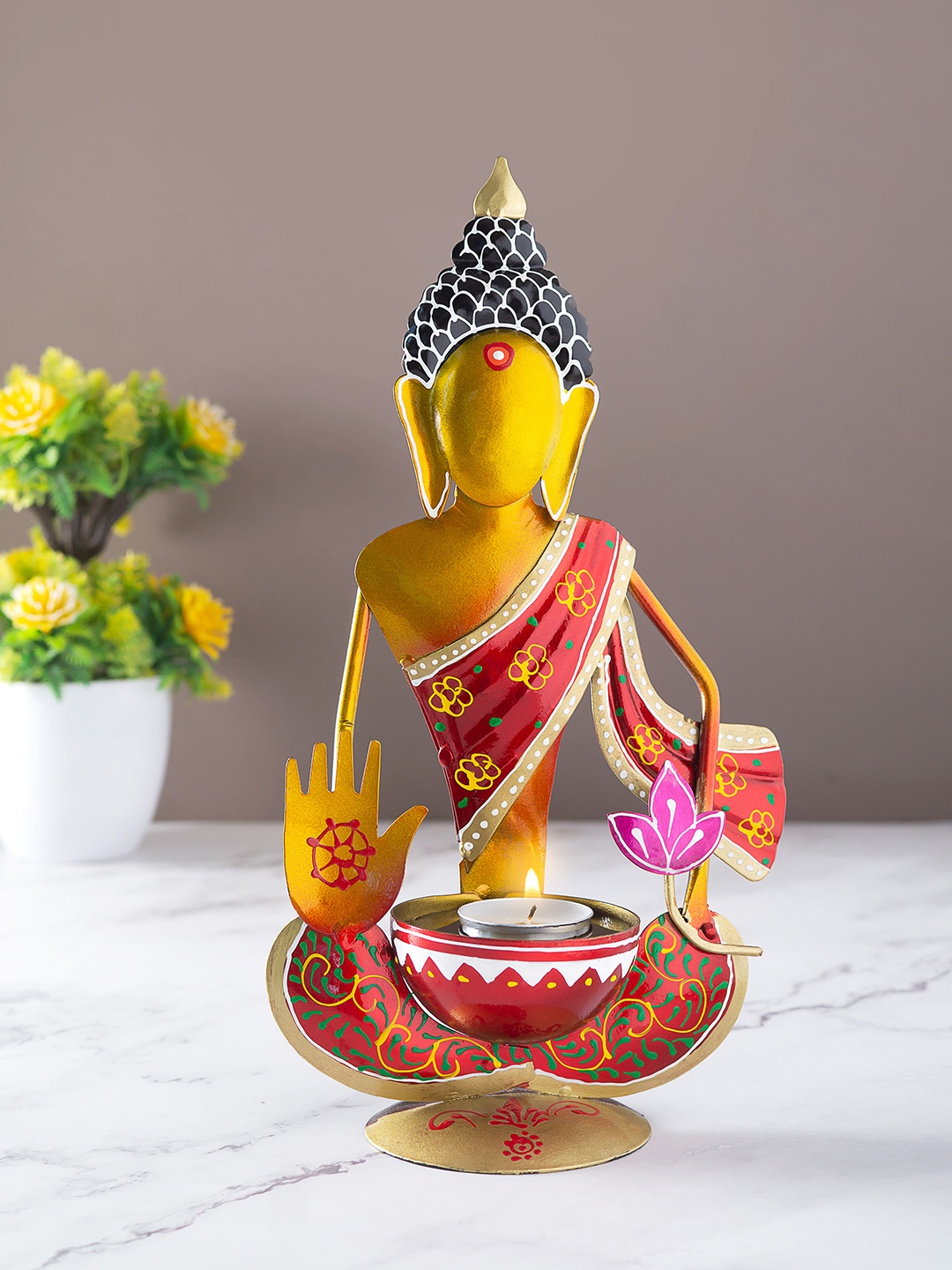 

Golden Peacock Red & Yellow Printed Buddha Shaped Candle Holder