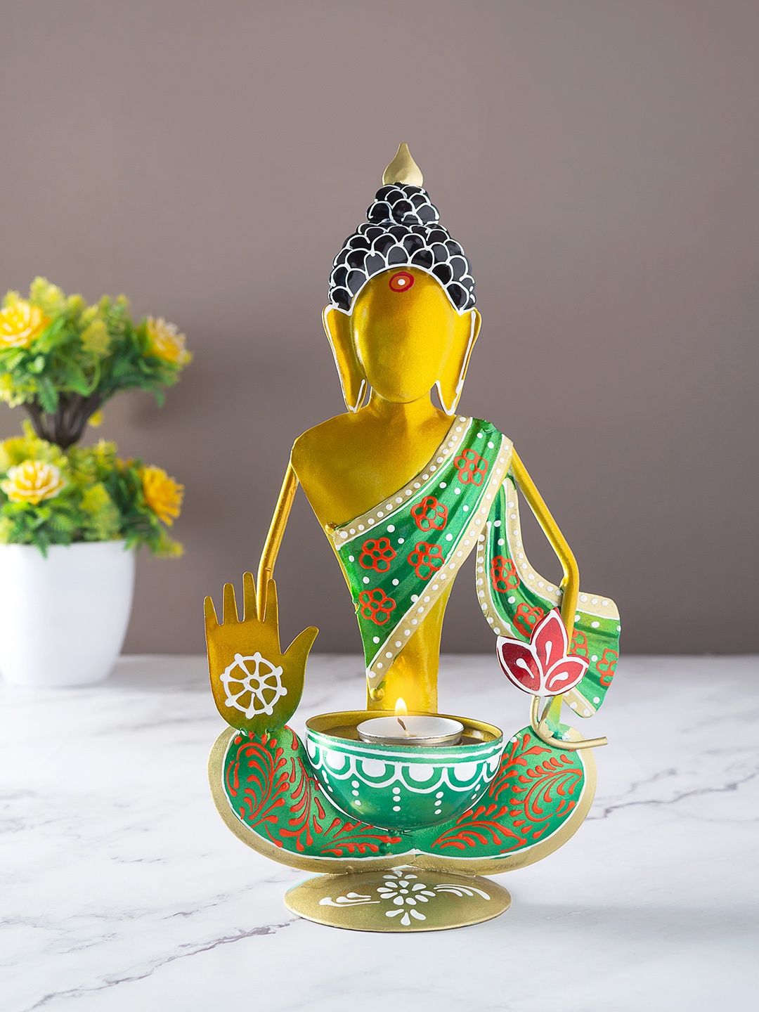 

Golden Peacock Green & Gold Toned Buddha Shaped Candle Holder