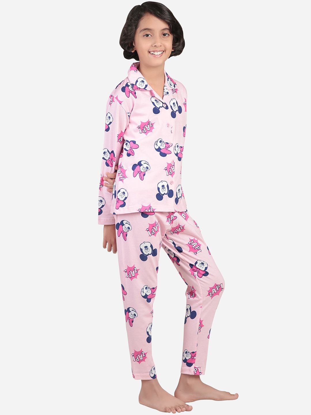 

Bodycare Girls Minnie & Friends Printed Lapel Collar Night suit, Pink