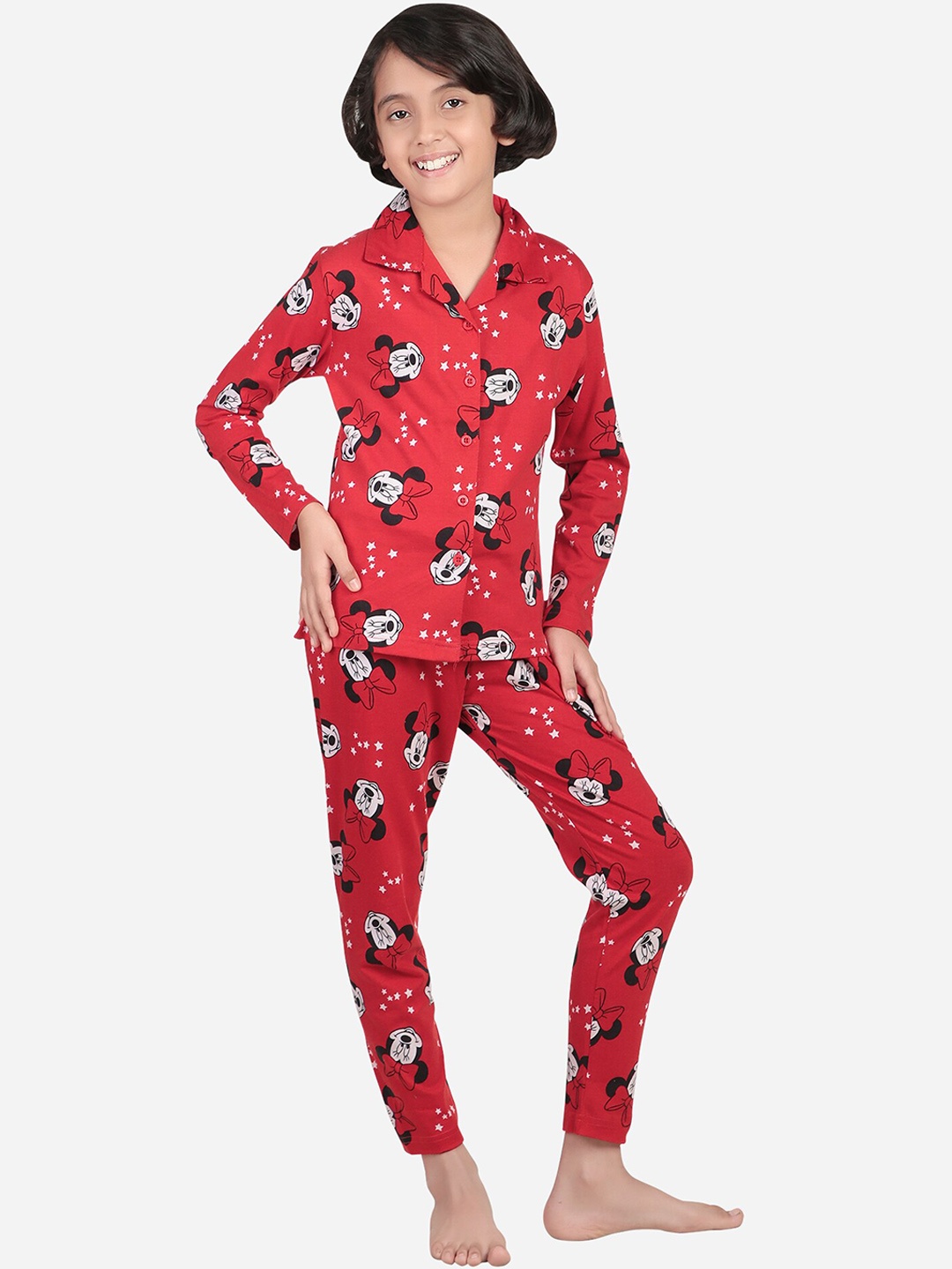 

Bodycare Girls Minnie & Friends Printed Lapel Collar Night suit, Red
