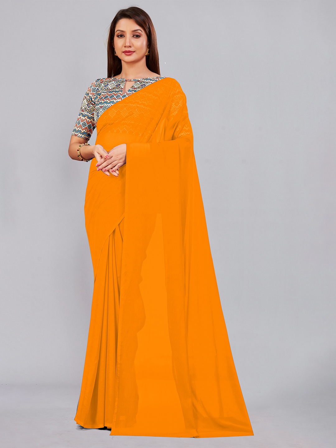 

CastilloFab Embroidered Pure Georgette Saree, Mustard