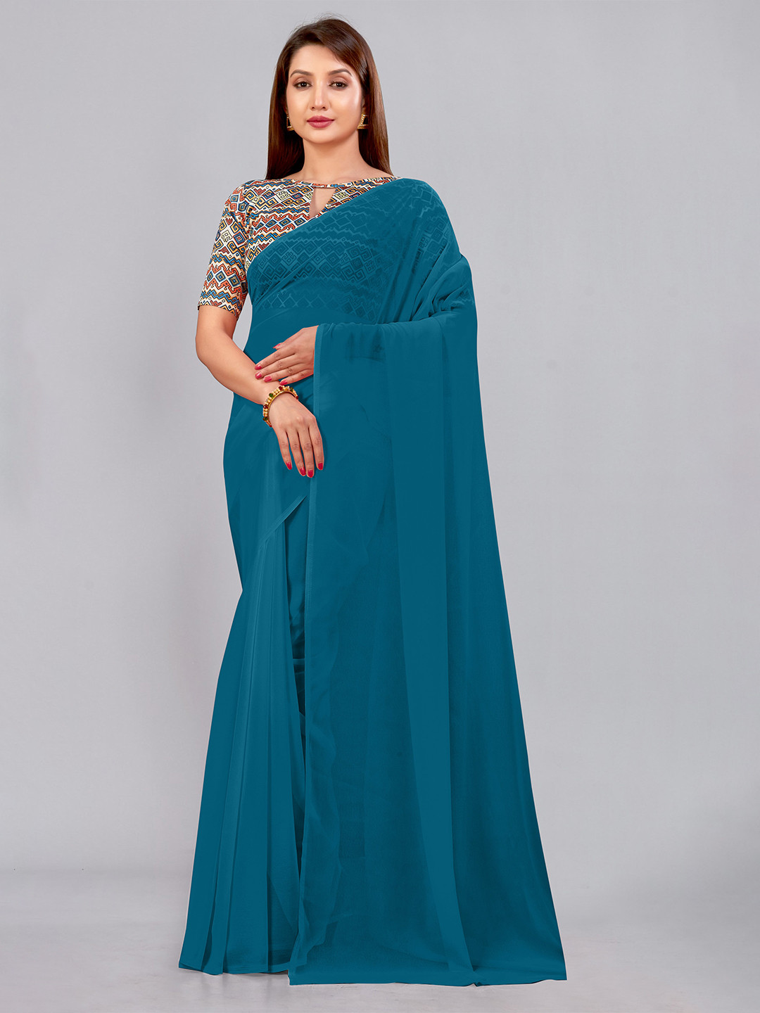 

CastilloFab Embroidered Pure Georgette Saree, Teal