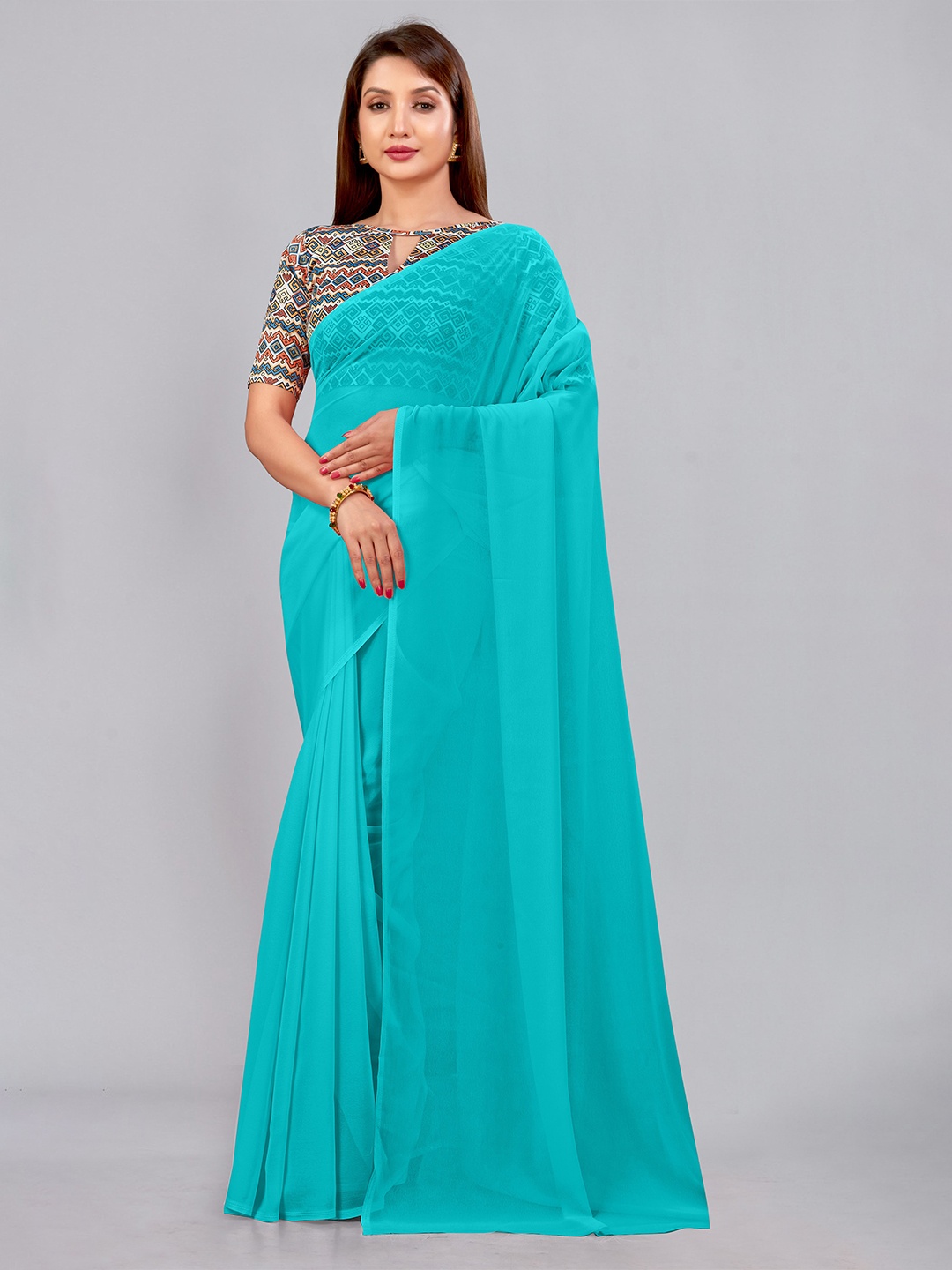 

CastilloFab Embroidered Pure Georgette Saree, Turquoise blue