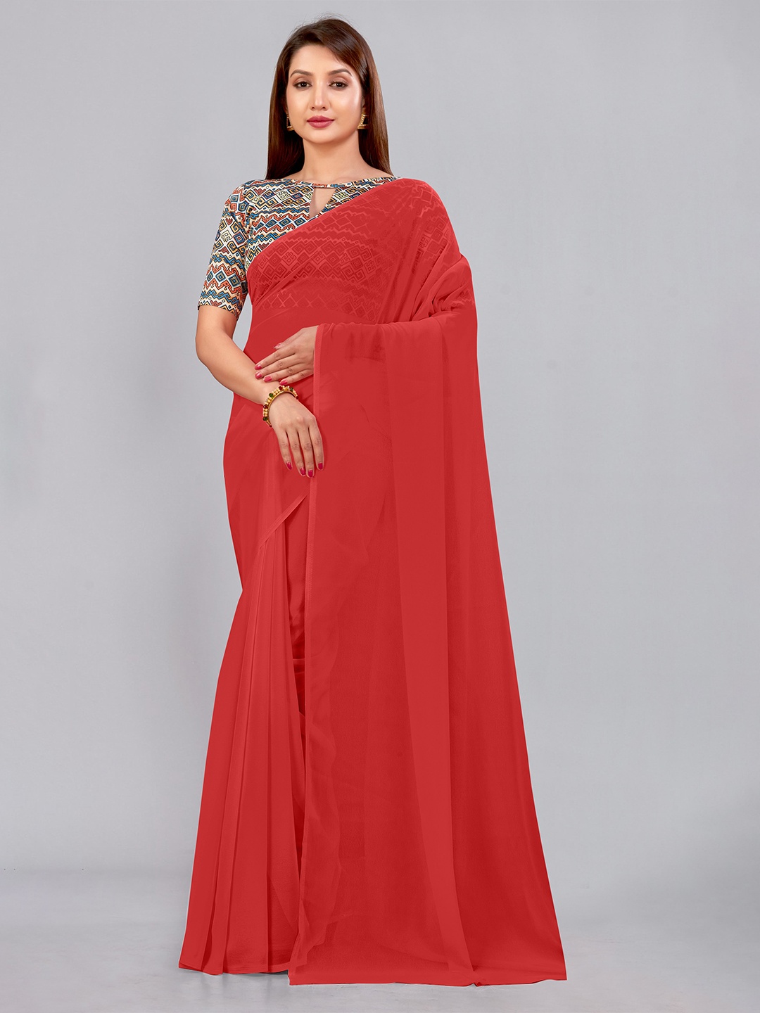 

CastilloFab Embroidered Pure Georgette Saree, Red