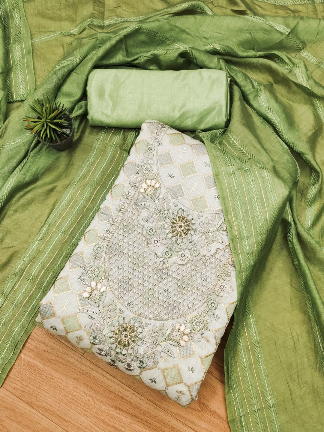

Panzora Floral Woven Design Chanderi Silk Unstitched Dress Material, Green