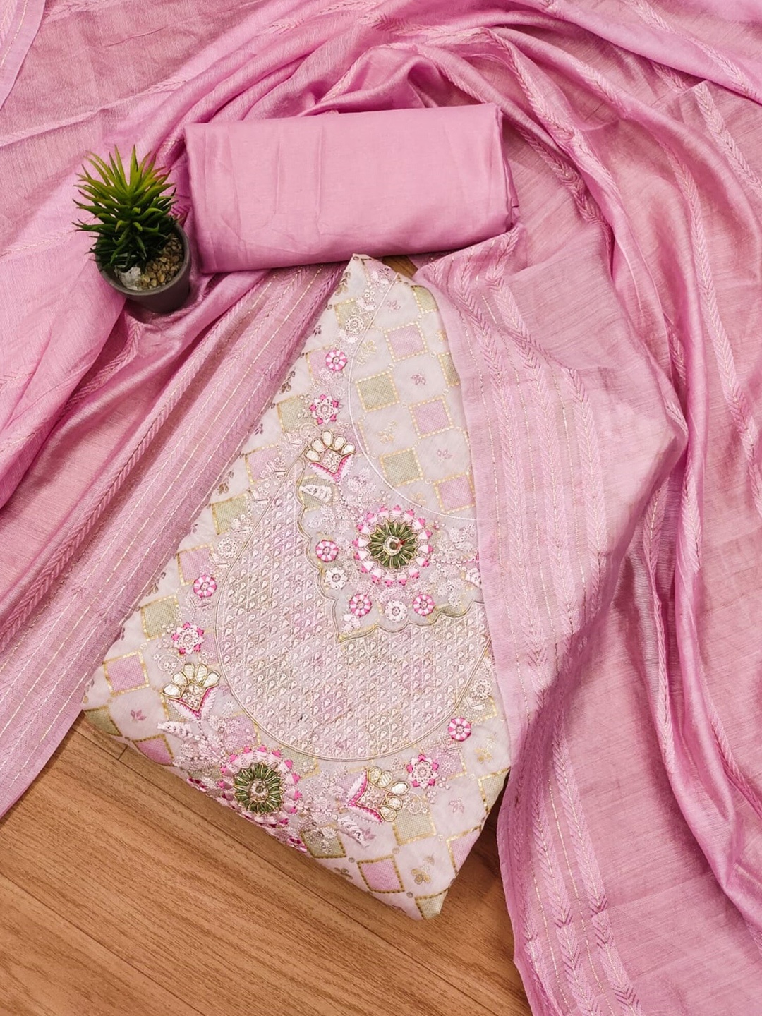 

Panzora Floral Woven Design Chanderi Silk Unstitched Dress Material, Pink