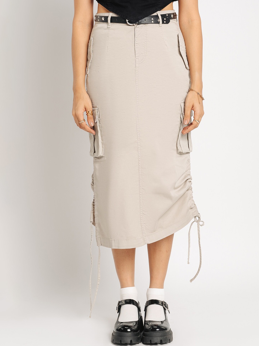 

FREAKINS Beige Pure Cotton Straight Midi Skirt