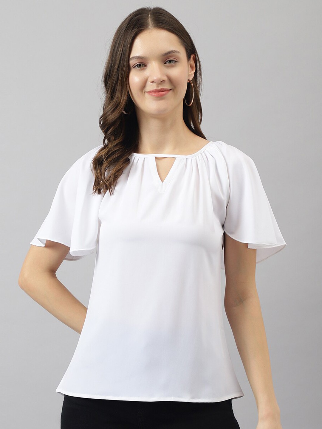 

KERI PERRY Keyhole Neck Flutter Sleeves A-Line Top, White
