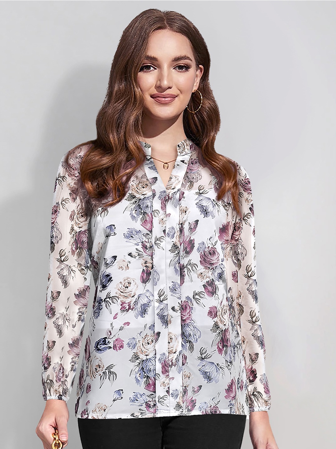 

KERI PERRY Floral Printed Mandarin Collar Puff Sleeves Shirt Style Top, White