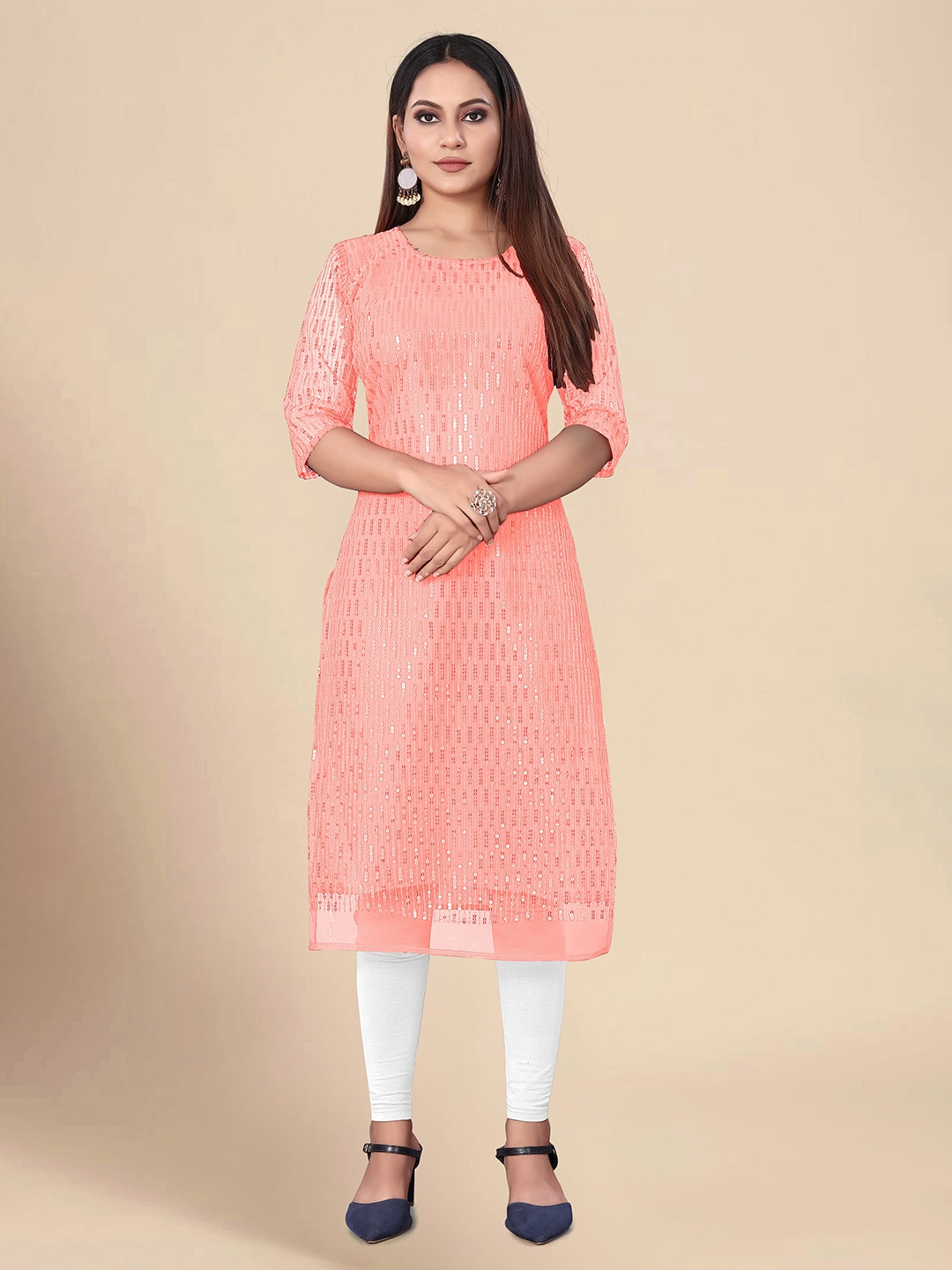 

KALINI Embellished Sequined Kurta, Peach