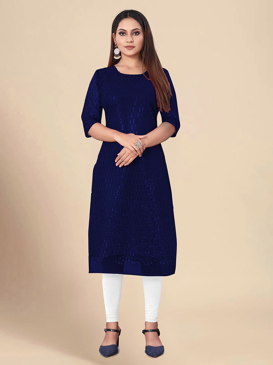 

KALINI Sequinned Embellished Straight Kurta, Navy blue