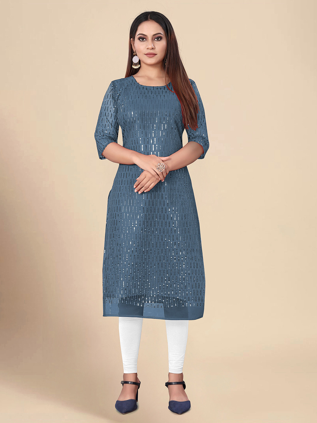 

KALINI Embellished Sequinned Dobby Kurta, Grey