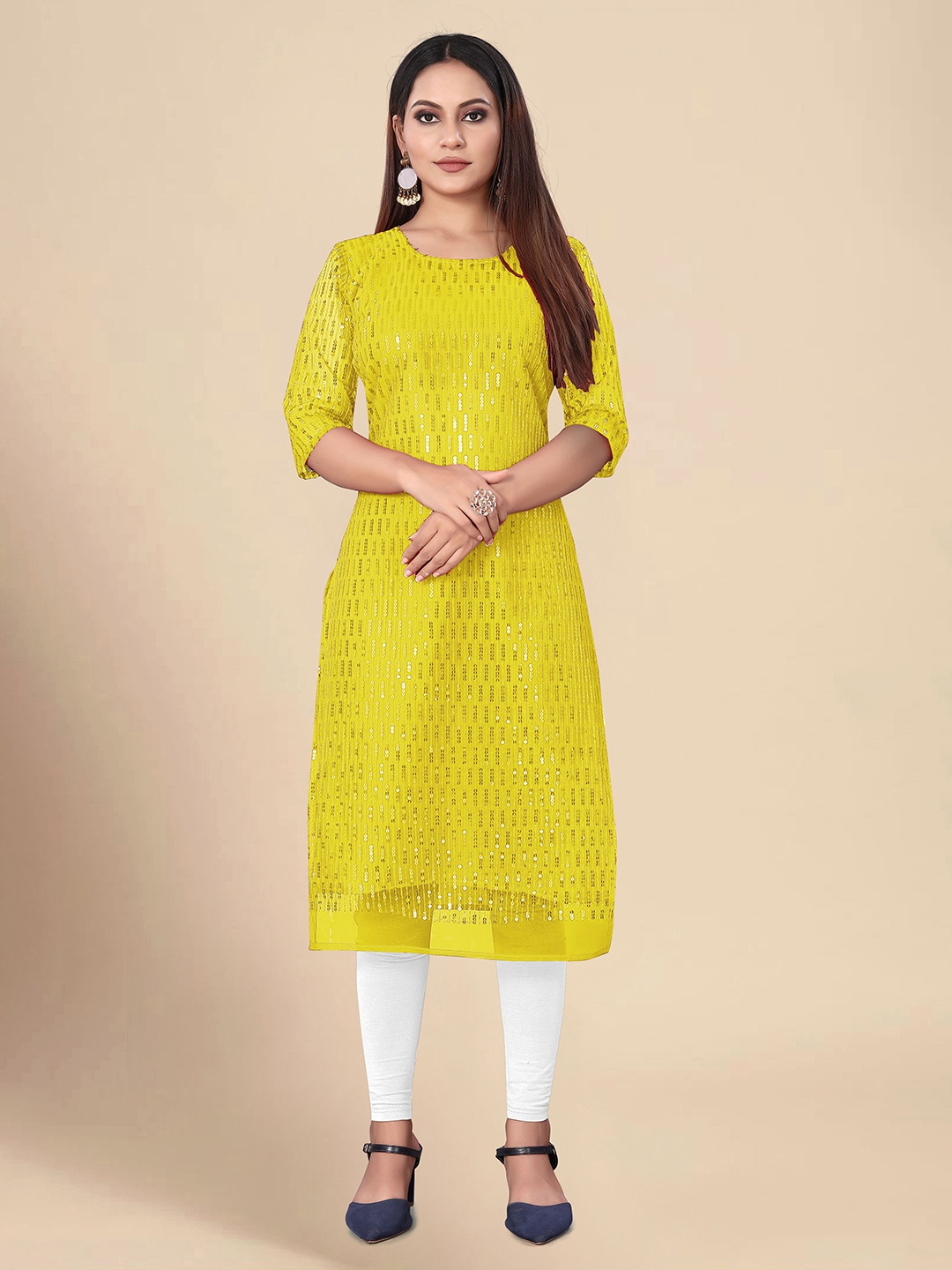 

KALINI Embellished Sequinned Dobby Kurta, Yellow