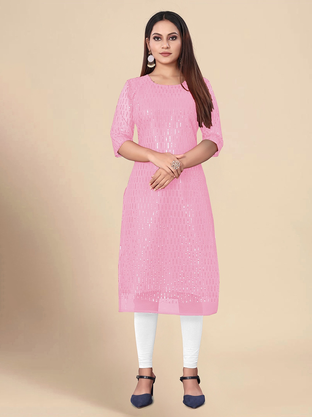 

KALINI Embellished Sequinned Dobby Kurta, Pink