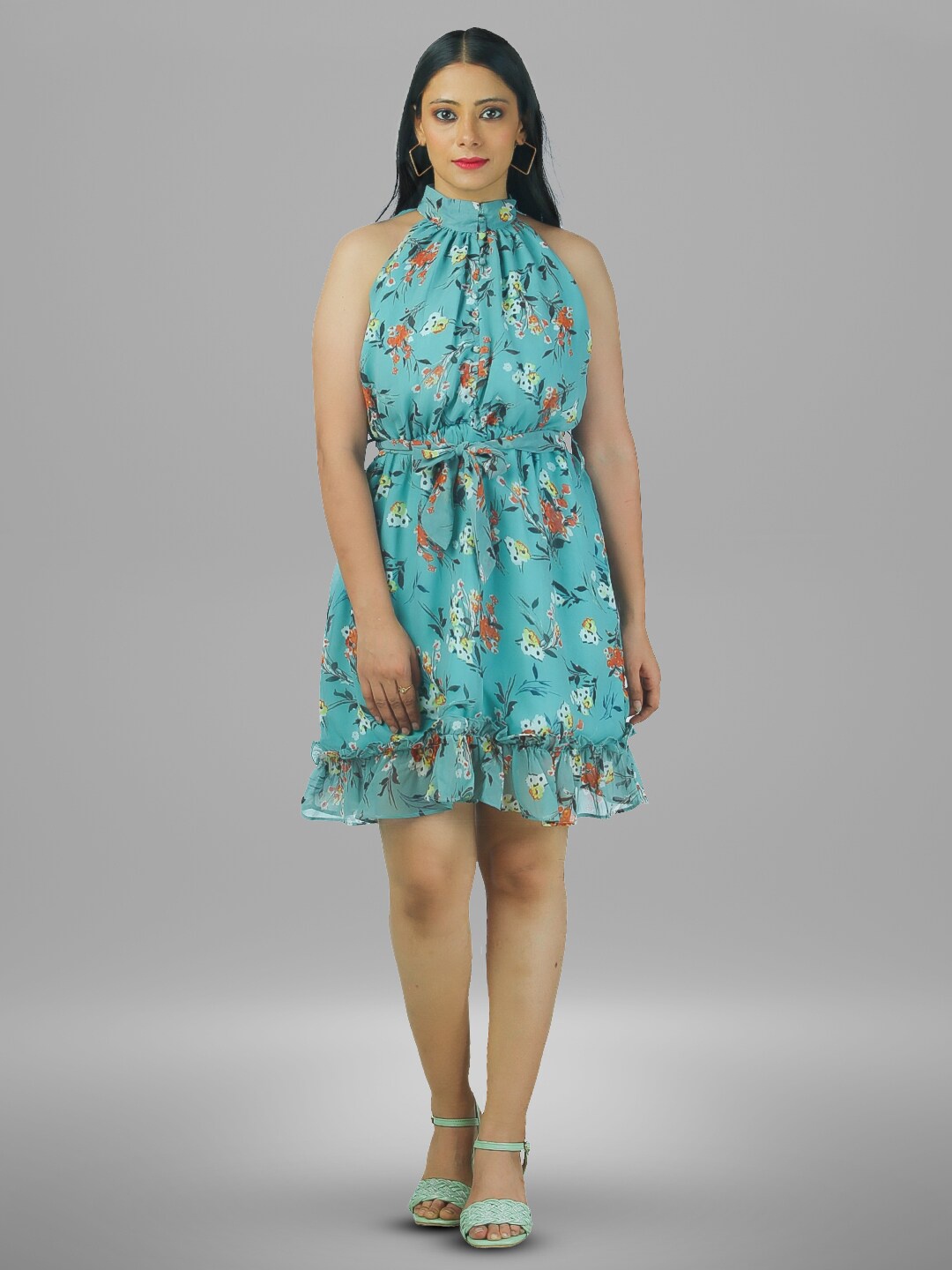 

BAESD Floral Print Halter Neck Georgette Fit & Flare Dress, Sea green