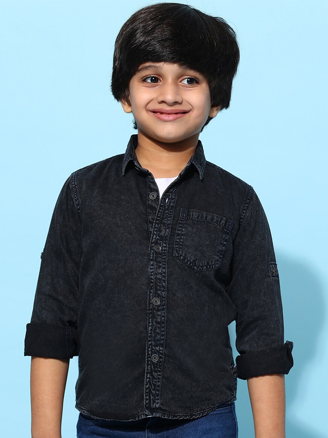 

TALES & STORIES Boys Washed Spread Collar Pure Cotton Casual Shirt, Black