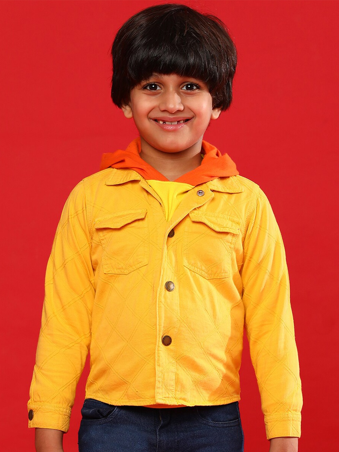 

TALES & STORIES Kids Geometric Embroidered Cotton Casual Shacket, Yellow