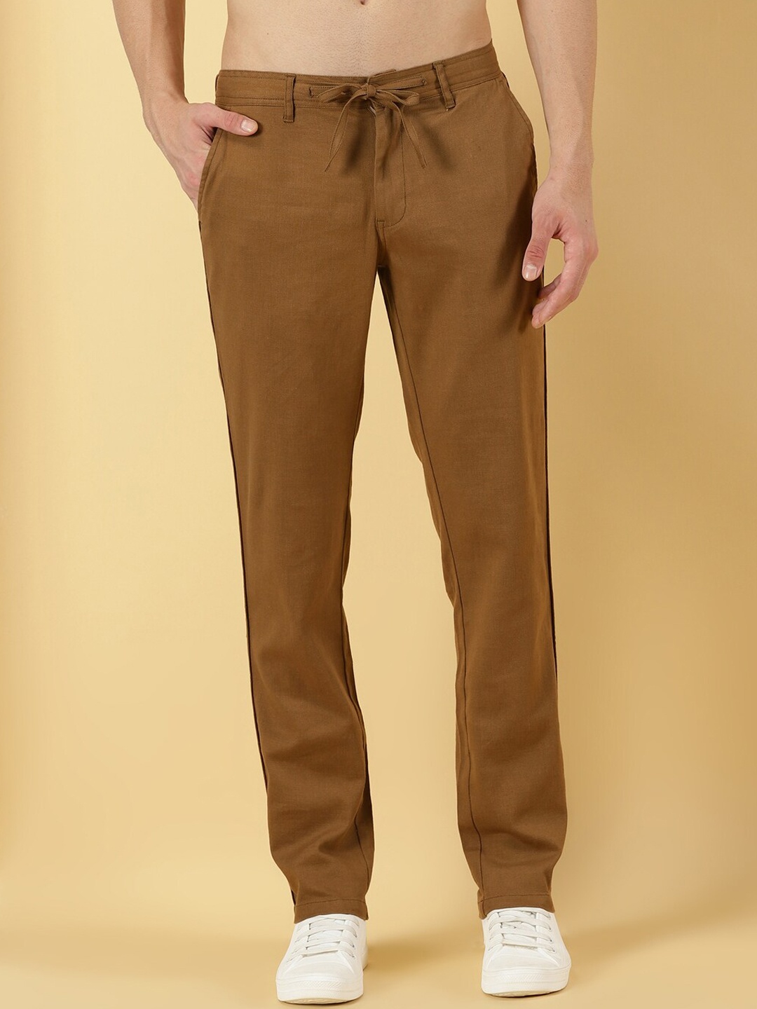 

Thomas Scott Men Mid Rise Smart Linen Cotton Chino Trousers, Brown