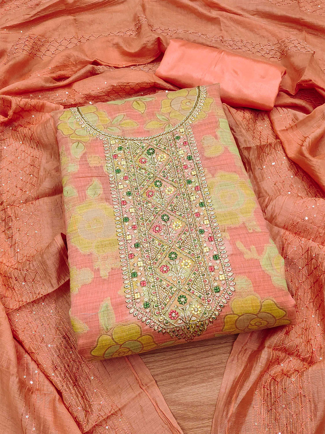 

Panzora Floral Woven Design Beads & Stones Unstitched Dress Material, Peach