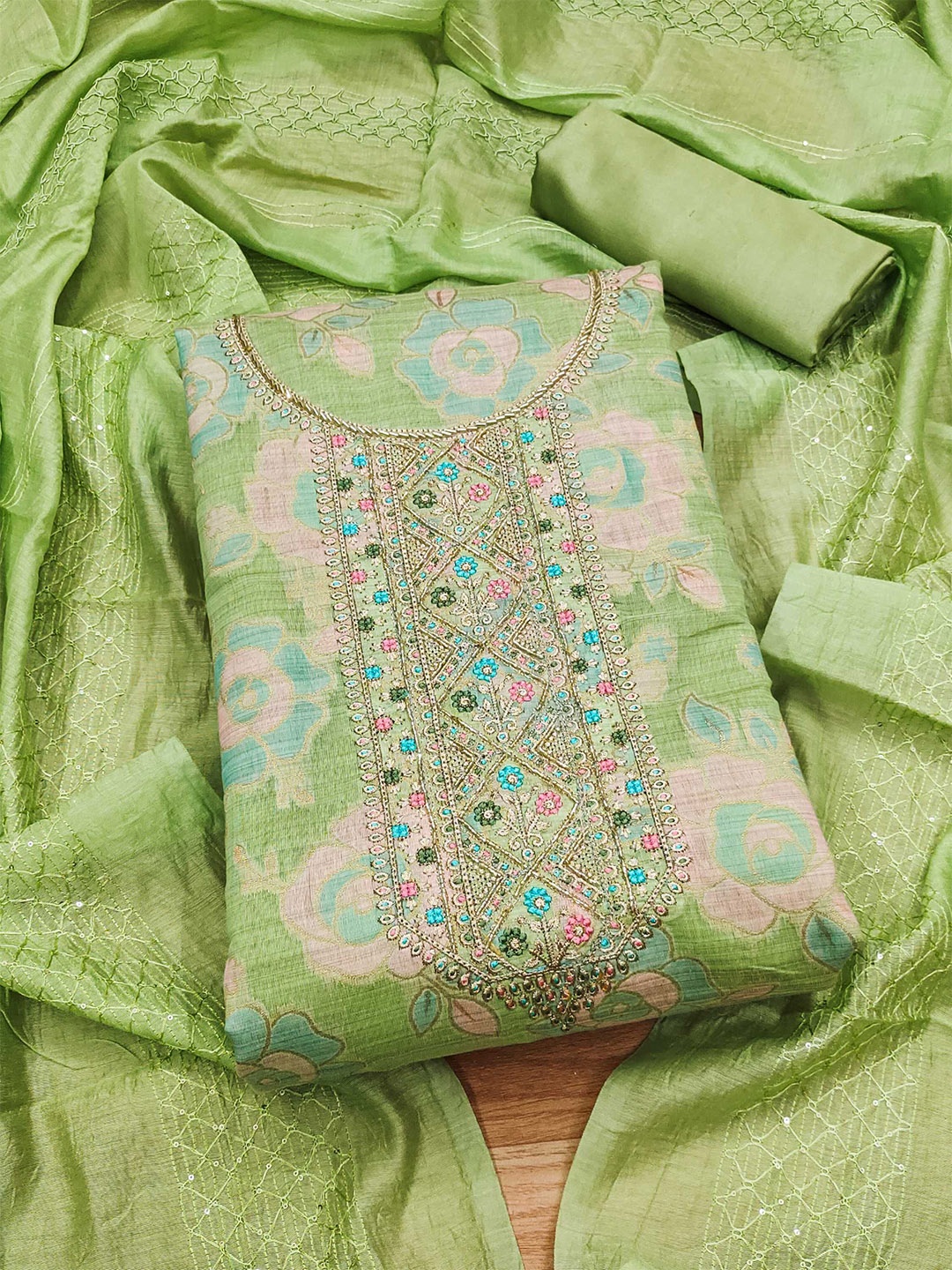 

Panzora Floral Woven Design Beads & Stones Unstitched Dress Material, Green