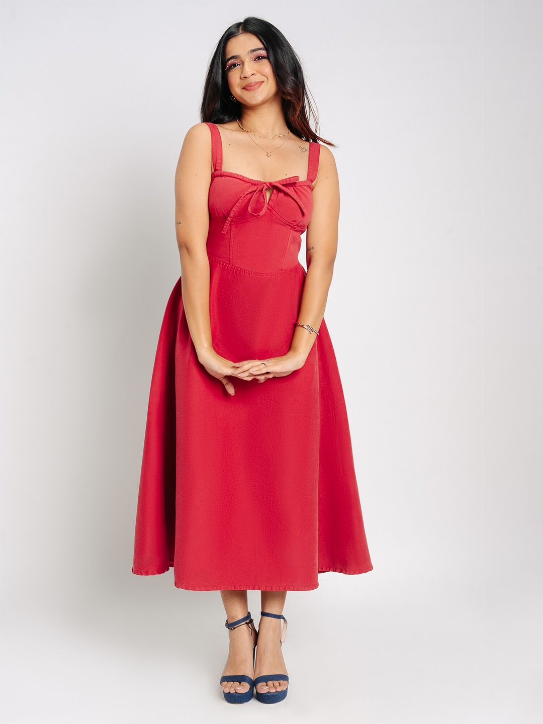 

FREAKINS Orange-Coloured Tie-Up Neck Fit & Flare Denim Dress