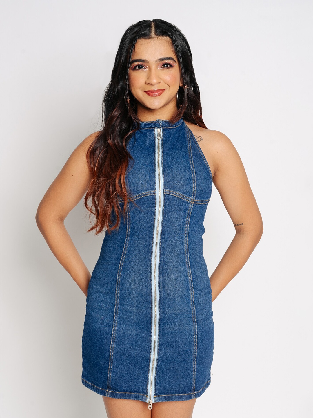 

FREAKINS Navy Blue Halter Neck Denim Sheath Mini Dress