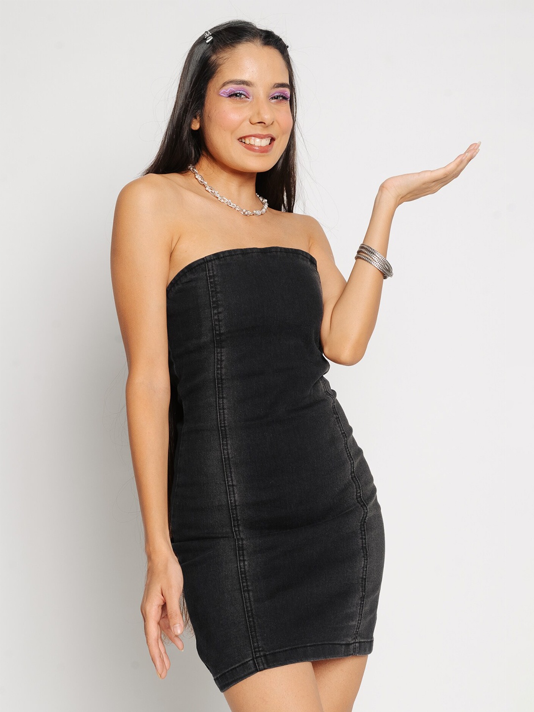

FREAKINS Strapless Denim Sheath Dress, Grey