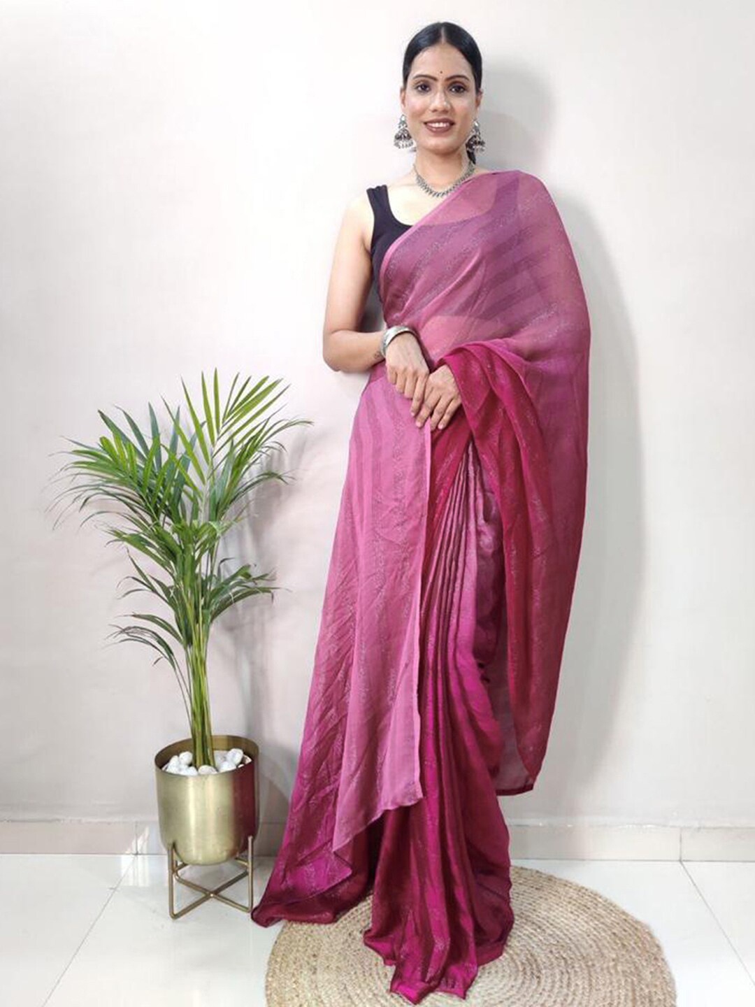 

Mitera Pink Striped Zari Poly Georgette Ready to Wear Saree