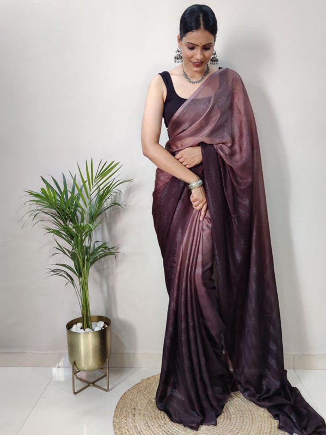 

Mitera Striped Zari Poly Georgette Ready to Wear Saree, Purple