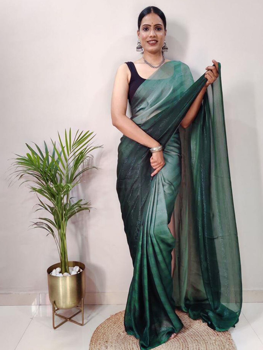 

Mitera Striped Zari Poly Georgette Ready to Wear Saree, Green