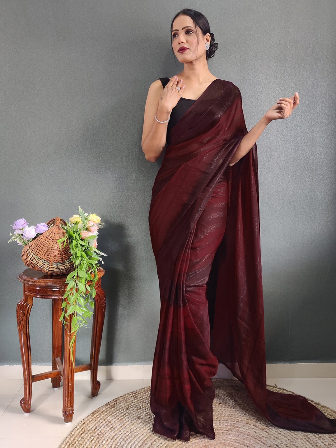 

Mitera Striped Zari Poly Georgette Ready to Wear Saree, Brown