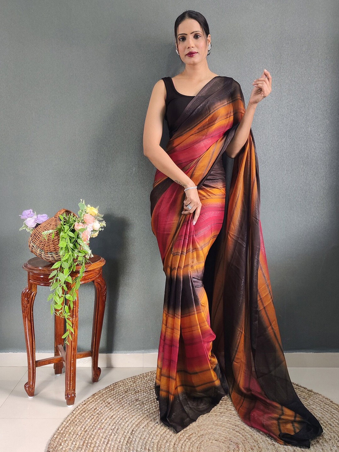 

Mitera Striped Zari Poly Georgette Ready to Wear Saree, Orange