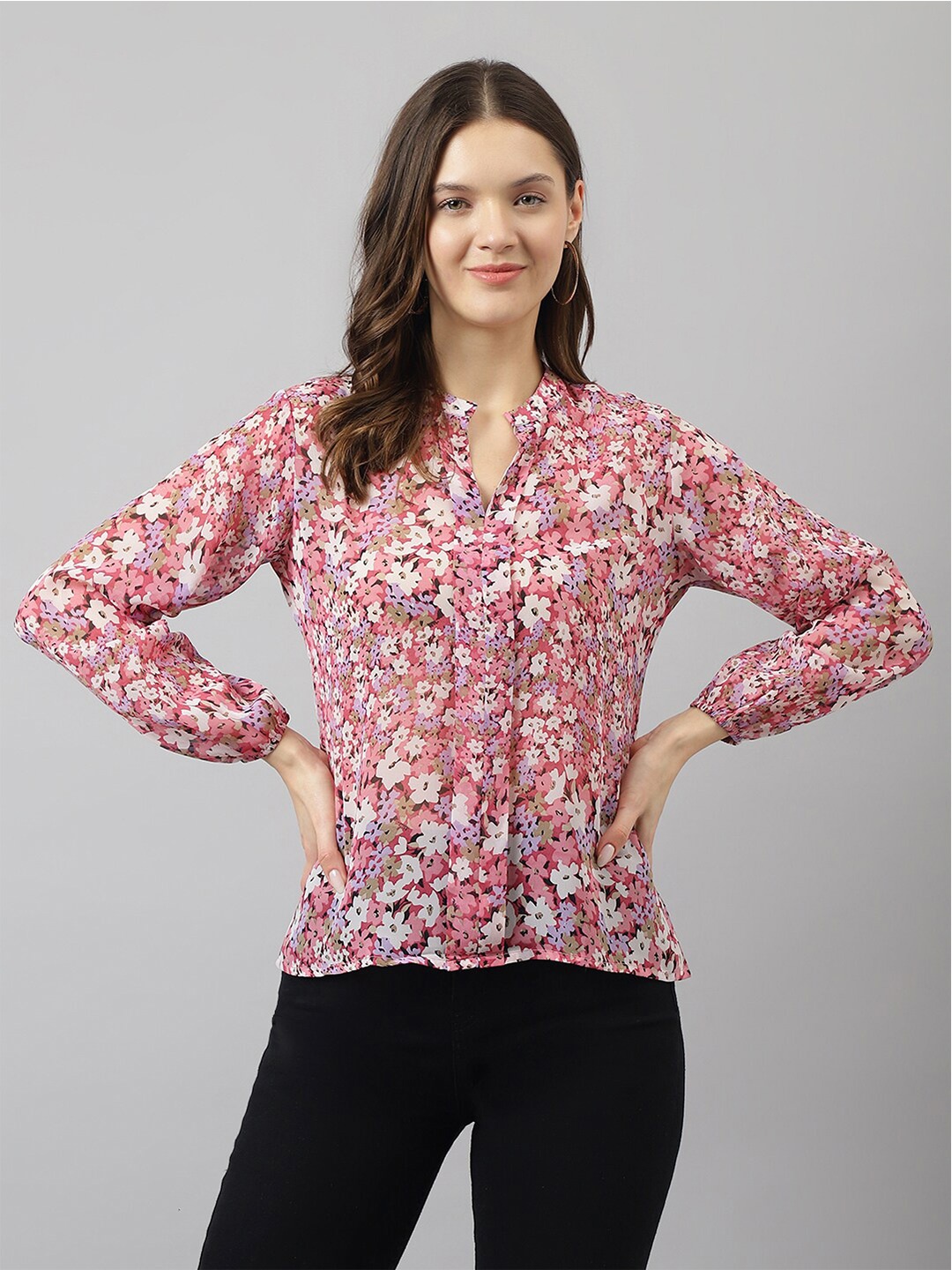 

KERI PERRY Floral Printed Mandarin Collar Puff Sleeves Georgette Shirt Style Top, Peach