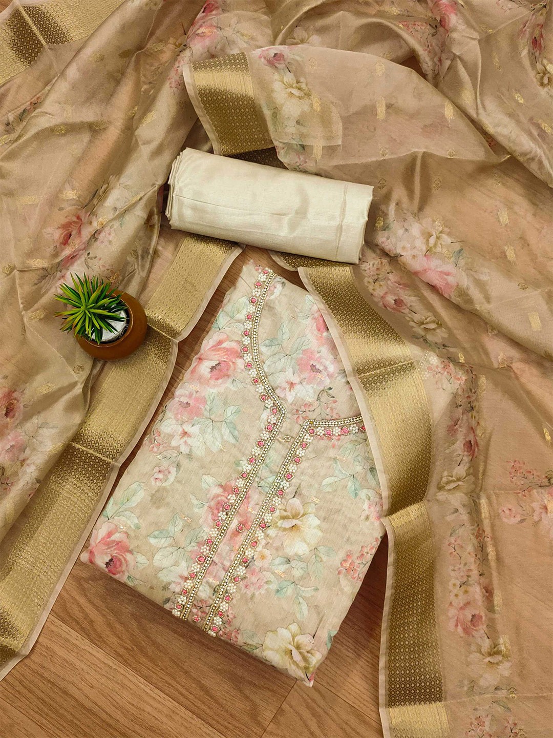 

Panzora Floral Printed Beads and Stones Unstitched Dress Material, Beige